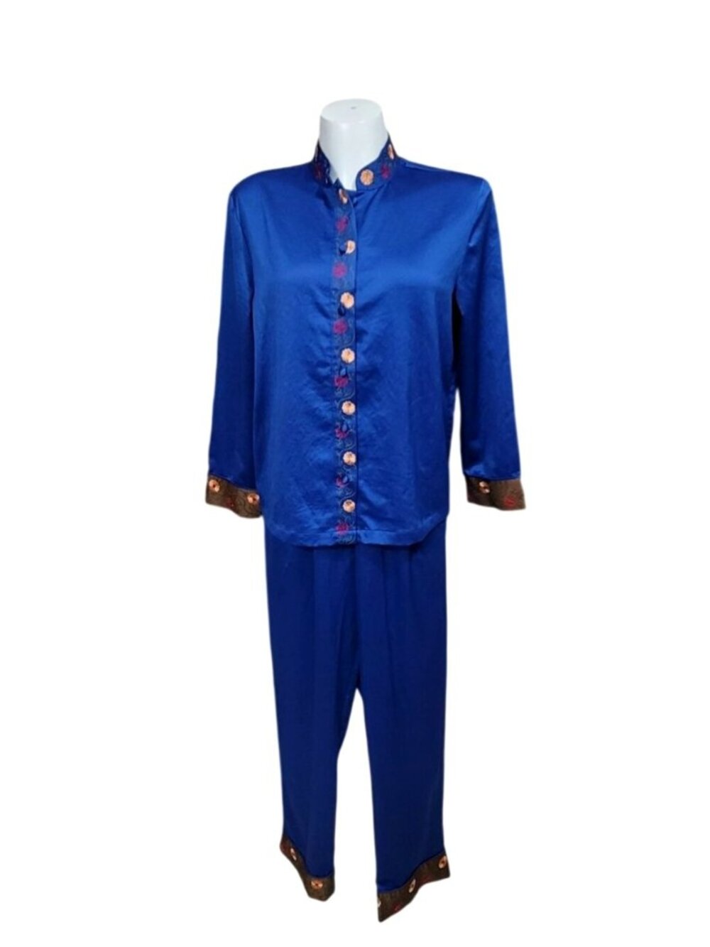 Cabernet Blue Embroidered Satin Pajama Set S
